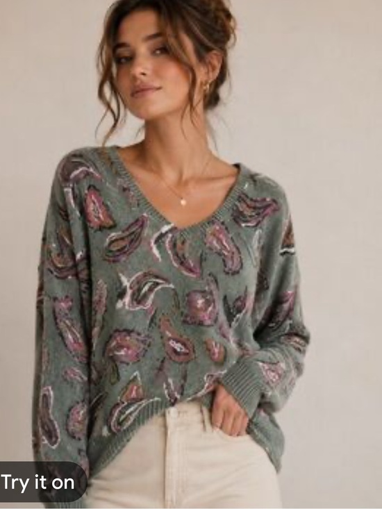 LOFT Sweaters - LOFT Sage Green V-Neck Sweater with Pink Paisley Accents